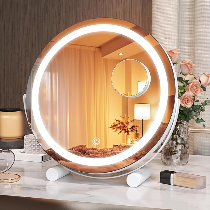 Hasipu Vanity Mirror with Lights, 11" x 11" LED Makeup Mirror with Small 10X Magnifying Mirror, Lighted Makeup Mirror with Lights, Smart Touch Control 3 Colors Dimmable Mirror White