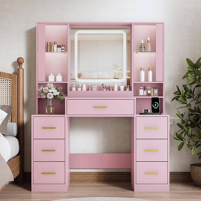 Vanity Desk with Mirror and Lights, Makeup Vanity with 7 Drawers, 2 Glass Door Cabinets, Charging Station, Adjustable Shelves, RGB Lighting, Hair Dryer Holder