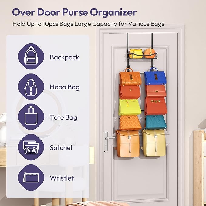 SWTYMIKI Over The Door Purse Organizer - Wall Mounted Purse Rack with 10 Hooks and Metal Basket, Hanging Handbag Storage Organizer Holds up to 10 Bags, Bag Rack Can Use As 1/2 Part, for Door, Closet
