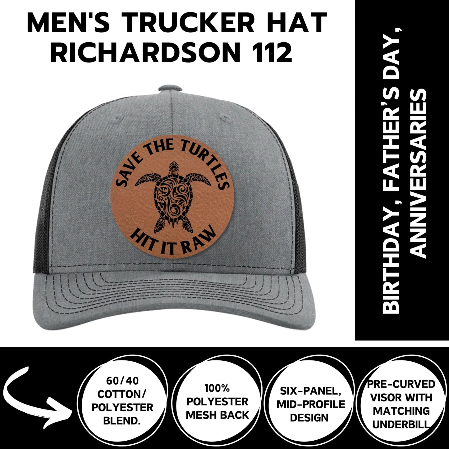 Save The Turtles Hit It Raw Hat - Funny Comedy Hat - Plastic Straws Environment - Beach Hats for Men - Fathers Day Christmas Birthday Gift for Dad Husband Son Boyfriend - Richardson 112 Trucker Hat