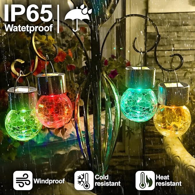 Solar Hanging Lanterns Outdoor: 12 Pack Cracked Glass Ball Lights with Clip - Waterproof Color Changing Globe Decorative Garden Tree Fence - Gardening Holiday Gifts for Women