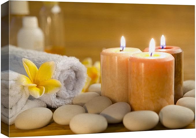 wall26 Canvas Print Wall Art Lit Spa Candle Trio with Stones & Yellow Blossoms Nature Wilderness Photography Realism Chic Scenic Relax/Calm Multicolor for Living Room, Bedroom, Office - 24"x36"