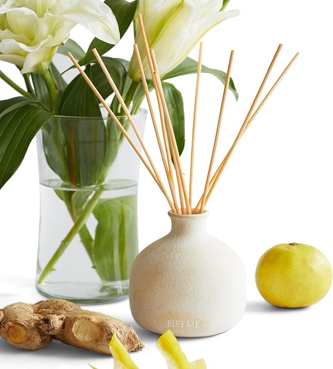 Blueme Happiness Diffuser | Yuzu & Ginger | 5.92 Fl Oz - Refillable Wellness Diffuser, Contains Essential Oil, Sustainable, Hand Finished, Premium, Luxury Ceramic, Natural Rattan Reeds, | Small