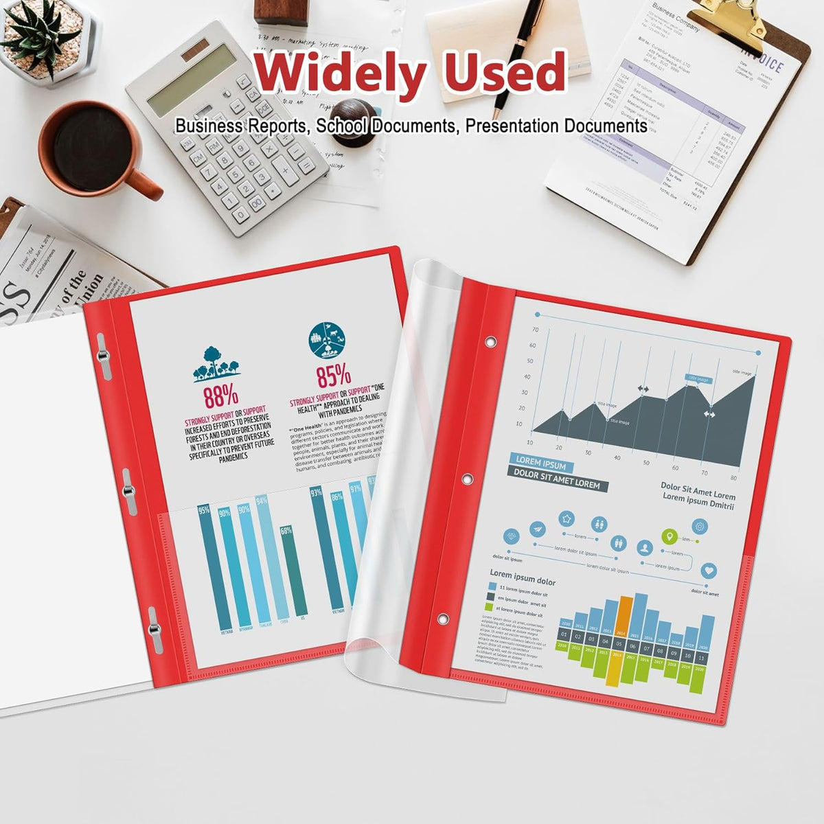 Ndsox 5 Packs Clear Front Report Covers with 3-Prong Fasteners, Plastic Project Presentation Folders Resume Document Covers with Red Back for 8.5" x 11" Letter Size Paper for School Office Business