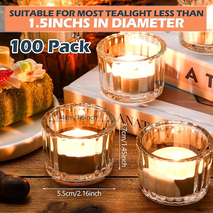 Mumufy 100 Pack Glass Tealight Candle Holder Ribbed Votive Candle Holder for Centerpiece Wedding Proposal Spa Aromatherapy Meditation Home Decor(Clear)