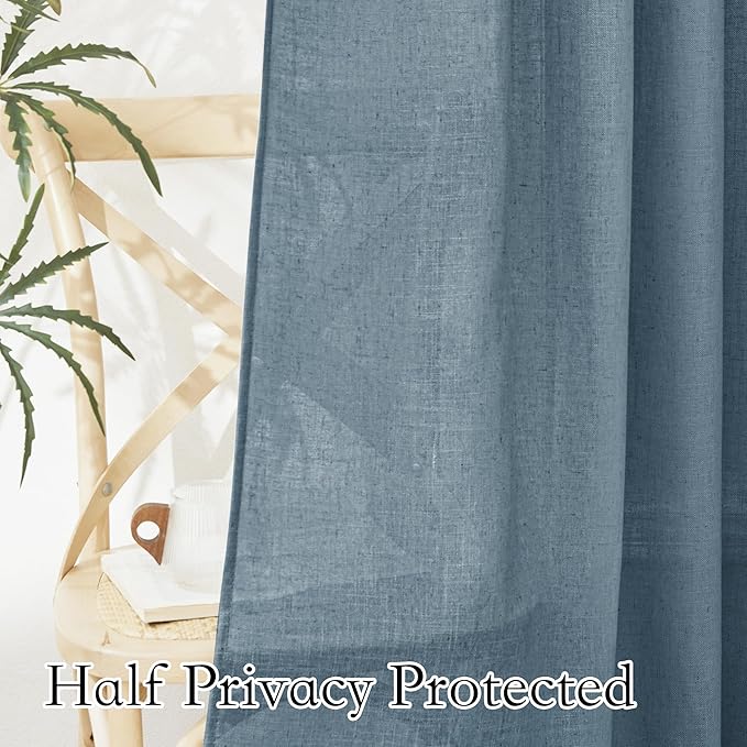 RYB HOME Extra Long Linen Curtains Semi Sheer Drapes Natural Linen Textured Blend Boho Window Decor for Living Room Bedroom Front Door High Ceiling Window, Stone Blue, W 52 x L 84, 1 Pair