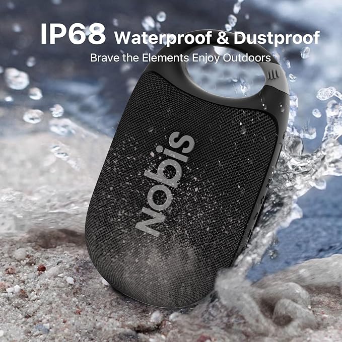 NOBIS Clip N1 Portable Bluetooth Speaker with App, Beat Mode, Up to 24H Playtime, IP68 Waterproof, BT 5.3, HD Sound, Stereo Pairing, Custom EQ, Perfect for Outdoor, Home and Adventure (Black)