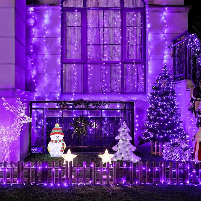 JMEXSUSS 300LED Purple Christmas Lights with Remote, Curtain Hanging Light Plug in, 8 Modes Purple String Lights for Bedroom Window Wall Party Backdrop Halloween Christmas Carnival Decorations