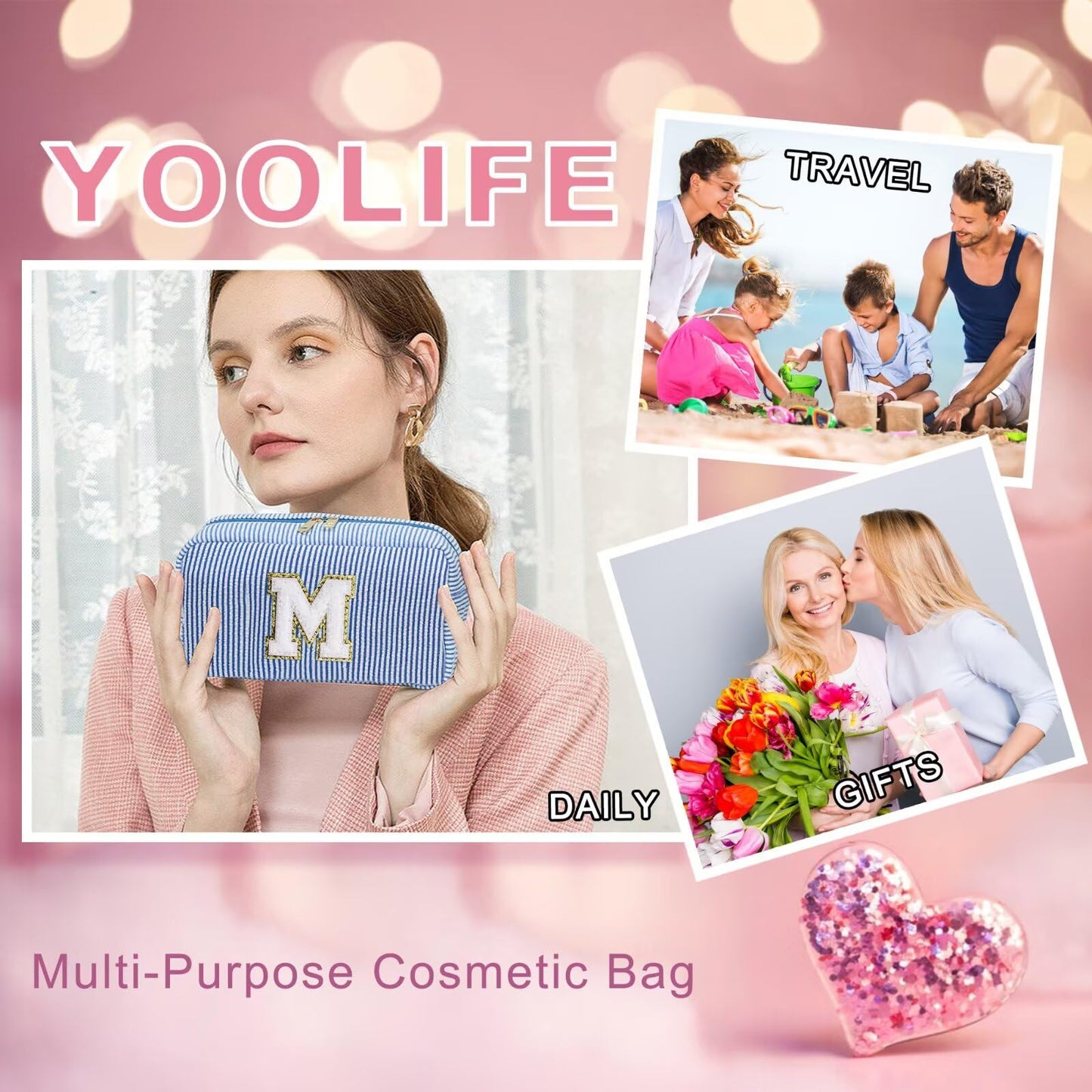 YOOLIFE Initial Makeup Bag - Personalized Cute Blue Makeup Bags, Girls Makeup Toiletry Bag Pouch, Makeup Case for Women Friend Female Sister, Birthday Gifts for Women R