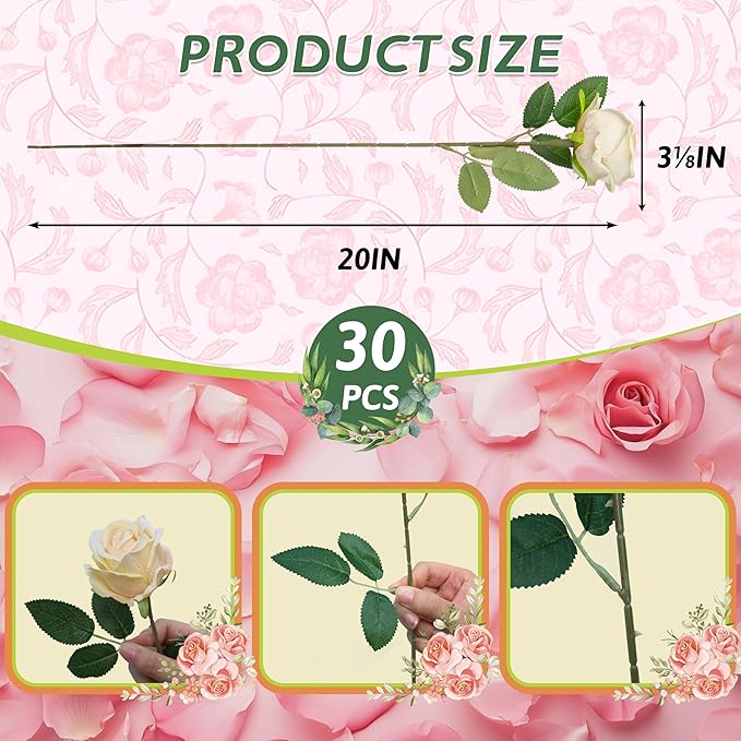 30 PCS Fake Champagne Roses, Artificial Flowers Bulk Realistic Silk Faux Rose with Stems for Wedding Decorations, Bridal Bouquets, Mother's Day Thanksgiving DIY Floral and Home Decor