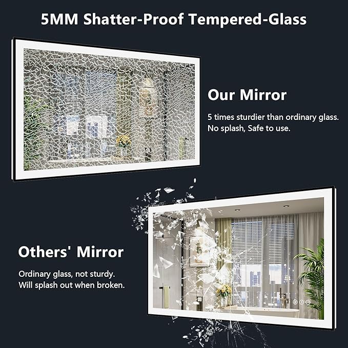 55x36 Inch LED Bathroom Mirror with Lights (Front Lit and Backlit) Black Framed Lighted Vanity Mirror for Bathroom Wall Dimmable Anti-Fog Memory Tempered Glass Horizontal/Vertical
