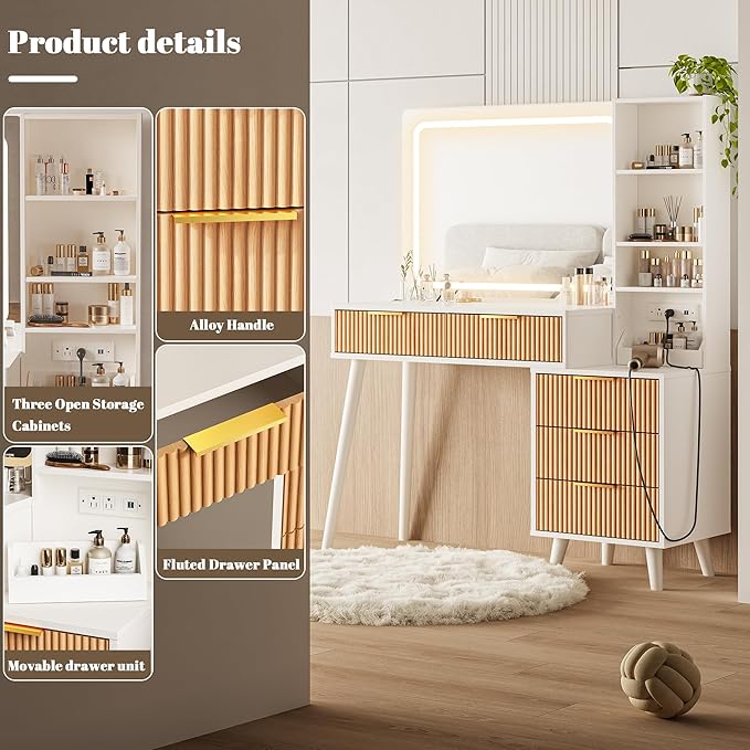 Makeup Vanity Desk with Mirror and Lights, Makeup Vanity with 5 Drawers&Storage Shelves, Vanity Table with Power Outlet, 3 Color Adjustable Lighting Dressing Table Set for Bedroom Oak