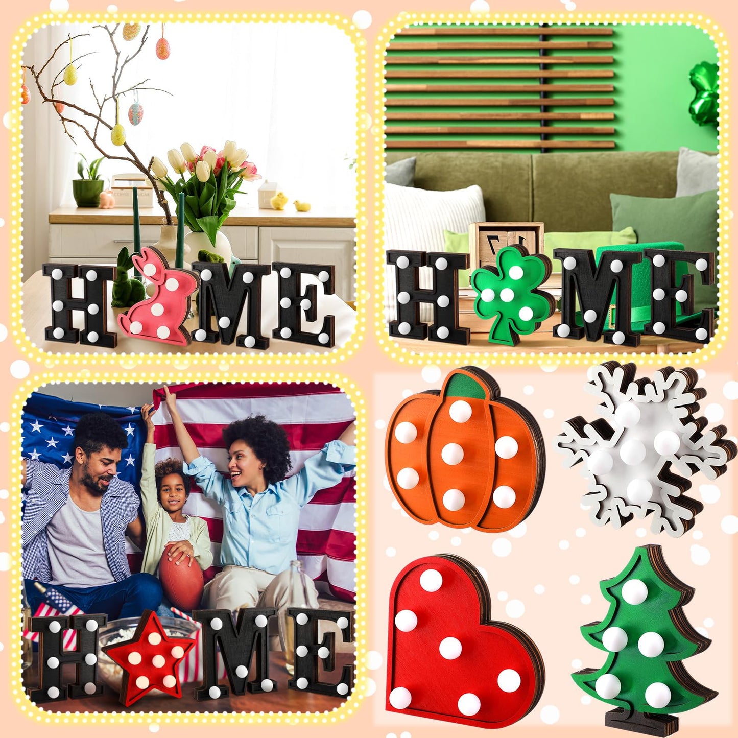 Aurelema Interchangeable Home Table Signs with 8 Pcs Seasonal Icons Wooden "home"" Letter Signs with LED Marquee Light up 4th of July Table Decorations Decorative Centerpiece for Room Decoration"