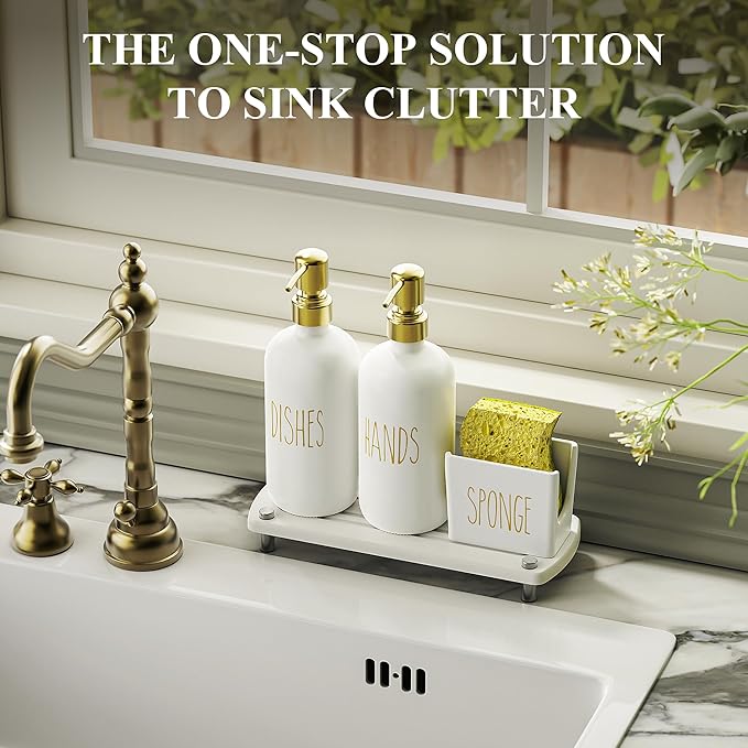 Cisily Kitchen Soap Dispenser Set Comes with Ceramics Sponge Holder, Gold Pumps, and Instant Dry Tray, Hand and Dish Soap Dispenser Set Suitable for Kitchen Decor and Accessories