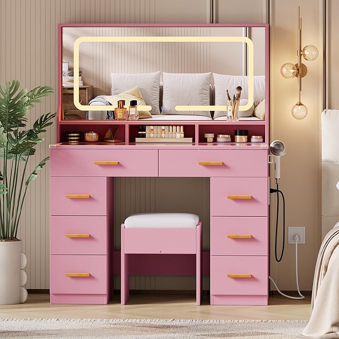 IDEALHOUSE Vanity Desk with Mirror and Lights, Makeup Table with Glass Top & 8 Drawers, 3-Color LED Mirror, Power Outlets & USB, Hair Dryer Holder, Stool Included, Dressing Table Set for Bedroom