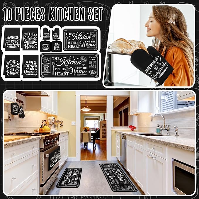 Fourluoo 10 Pcs Farmhouse Kitchen Decor and Accessories Set 4 Kitchen Towels 2 Pot Holders 2 Oven Mitts 2 Rugs for Cooking Baking Mom Housewarming Gifts(Black,Classic Style)