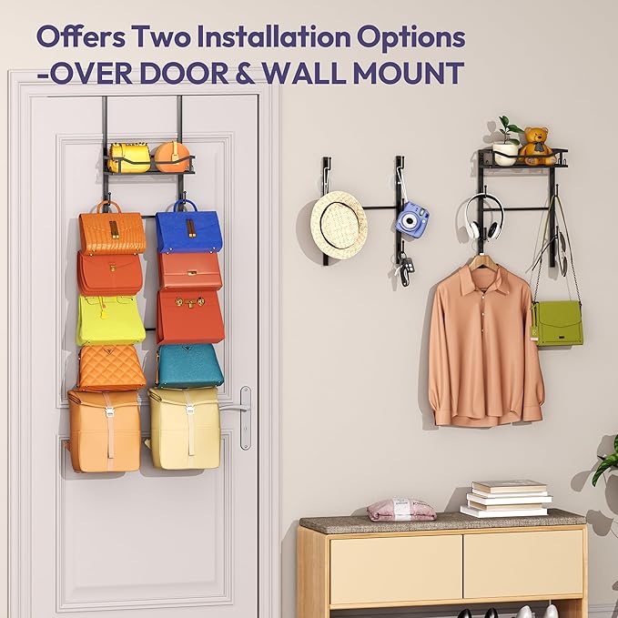 SWTYMIKI Over The Door Purse Organizer - Wall Mounted Purse Rack with 10 Hooks and Metal Basket, Hanging Handbag Storage Organizer Holds up to 10 Bags, Bag Rack Can Use As 1/2 Part, for Door, Closet