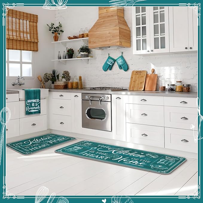 Fourluoo 10 Pcs Farmhouse Kitchen Decor and Accessories Set 4 Kitchen Towels 2 Pot Holders 2 Oven Mitts 2 Rugs for Cooking Baking Mom Housewarming Gifts(Light Blue,Classic Style)