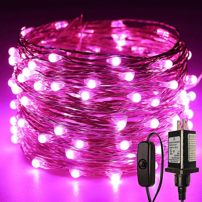 RUICHEN Plug in Fairy Lights with Switch, Waterproof 33 Ft 100 LED Silver Wire Starry String Firefly Lights for Christmas, Easter, Valentines Day, Parties, Wedding, Vases, Craft, Pink