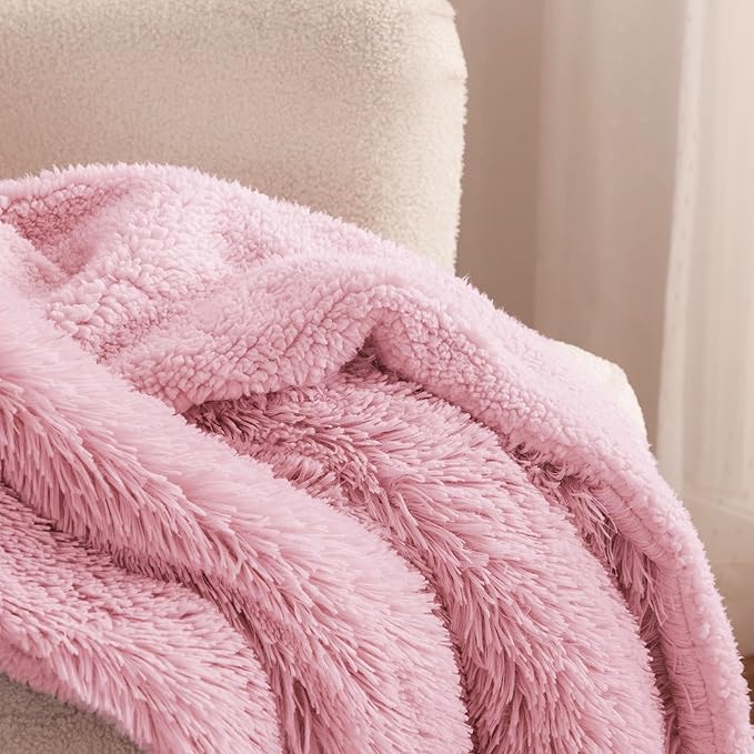 Bedsure GentleSoft Fuzzy Sherpa Faux Fur Twin Blanket Pink Cozy Gifts for Women Men, Soft Fleece Plush Warm Minky Thick Blanket Twin Size for Bed, Couch, Room Dorm Essentials Pink Decor Gifts, 60x80