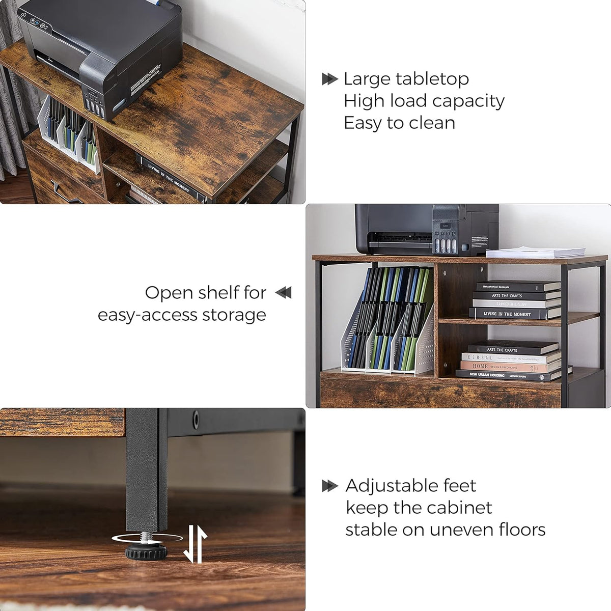 VASAGLE Lateral File Cabinet for Home Office, Filing Cabinet with Open Shelves and Drawer, for A4, Letter and Legal Sized Documents, Printer Stand, Rustic Brown and Ink Black UOFC043B01