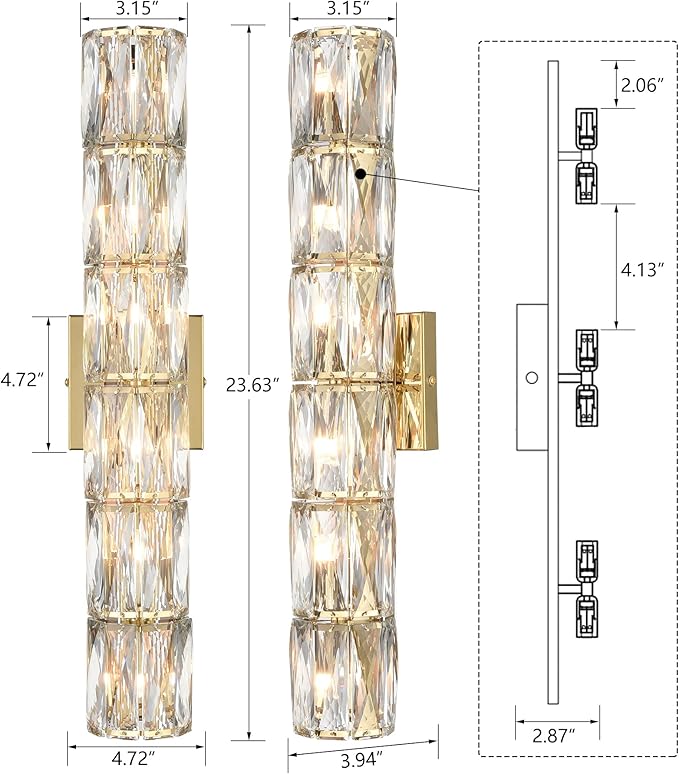 SAMTEEN 24-Inch Crystal Wall Sconce Gold Sconces Wall Lighting Mid-Century Modern 6-Light Luxury Brass Glass Wall Light Fixture for Bedroom Hallway Bathroom Vanity Light Fixtures