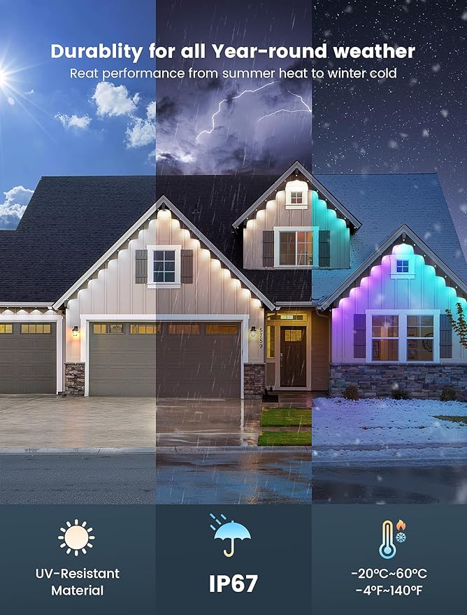 Permanent Christmas Lights Outdoor for House,100FT Smart RGBIC Outside Light with 66 Scene Modes,IP67 Waterproof Color Changing Lights for Roof,Eaves,Xmas,Halloween,All Holiday Decorations