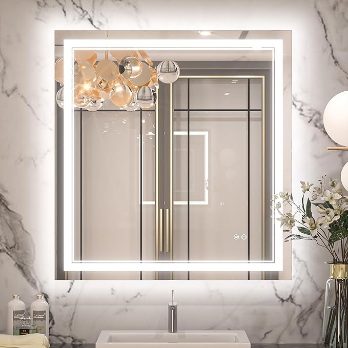 Keonjinn 30" x 32" Bathroom LED Mirror, Front & Back Lighted Mirror for Bathroom Wall, HD Tempered Glass, Safe Anit-Fog, 3000K/4500K/6500K, Dimmable, Frameless LED Wall Mirror with Lights