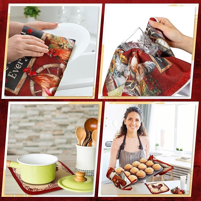 Fourluoo 10 Pcs Rooster Kitchen Set Kitchen Towels and Rugs Oven Mitts and Pot Holders Rooster Decor for Gift Cooking Baking Grilling