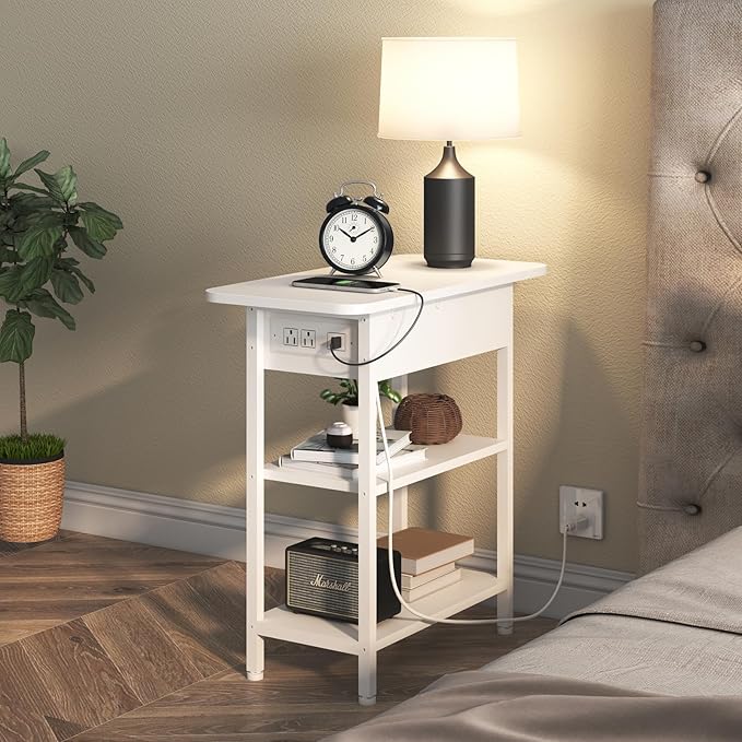 LIDYUK End Table with Charging Station, Flip Top Side Table with USB Ports and Outlets, Nightstand for Small Spaces, Bedside Tables with Storage Shelf for Living Room, Bedroom, White
