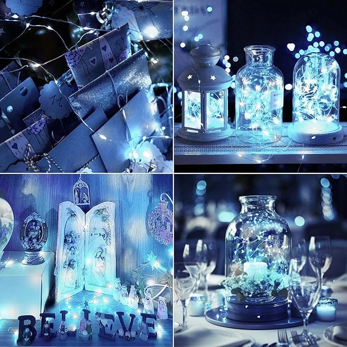 kolpop 12 Pack LED Fairy Lights Battery Operated with 3 Modes, Mini Twinkle String Lights Battery Powered Waterproof for Christmas Mason Jars Party(Blue&White)