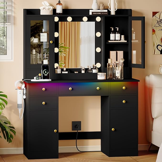 Makeup Vanity Desk with Mirror and Lights, Black Vanity Table Set with Storage Drawers, Charging Station & Cabinets, Large Dressing Table with RGB Ambient Light for Women Girls Bedroom Bathroom