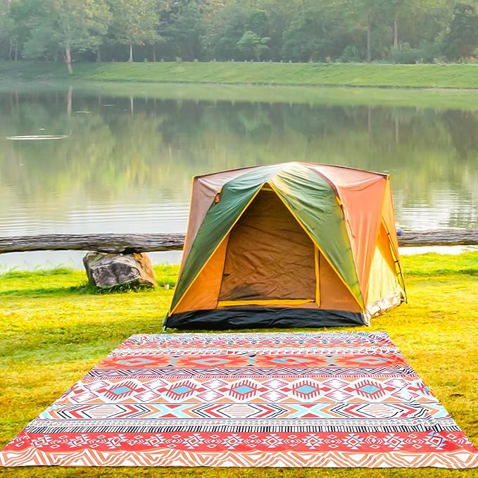 Beach Blanket, Sandproof Beach Mat, Waterproof Quick Drying Lightweight Outdoor Aztec Picnic Mat 79" X 83" for 2-4 Adults with Pocket for Travel, Camping, Hiking