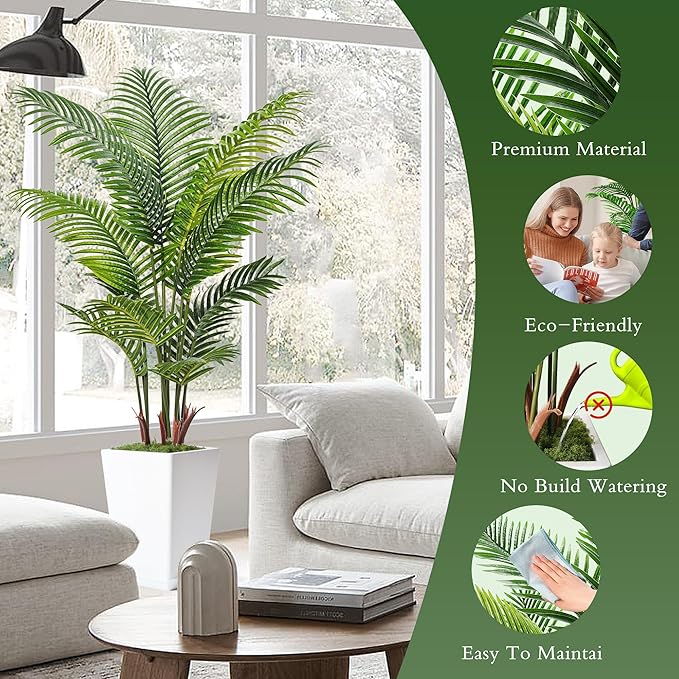 6FT Artificial Palm Tree, Tall Faux Palm Tree Indoor with Fake Plants Tall, Artificial Plants with Lifelike Leaves for Home Office Decor (White)