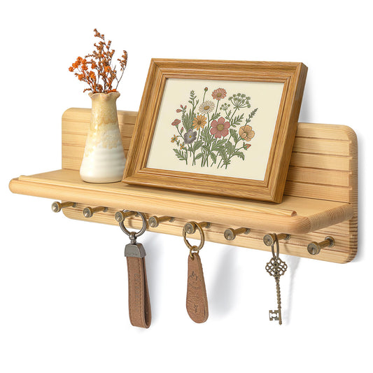 Farmhouse Key Holder Wall Mount for Office Decor – Rustic Key Hanger with 8 Sturdy Hooks & Floating Shelf for Small Plant or Mail Storage – Wall Organizer for Entryway, Living Room (Natural Wood)