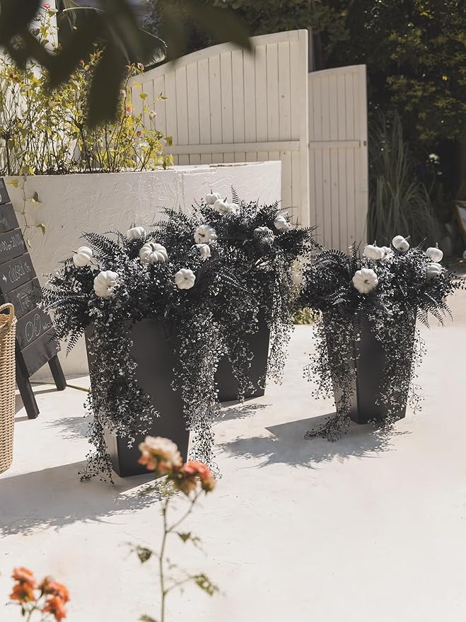 12Pcs Outdoor Artificial Boxwood UV Resistant Fake Stems Plants, Black Artificial Flowers Faux Flowers for Autumn Home Kitchen Wedding Table Centerpiece Halloween Thanksgiving Decorations