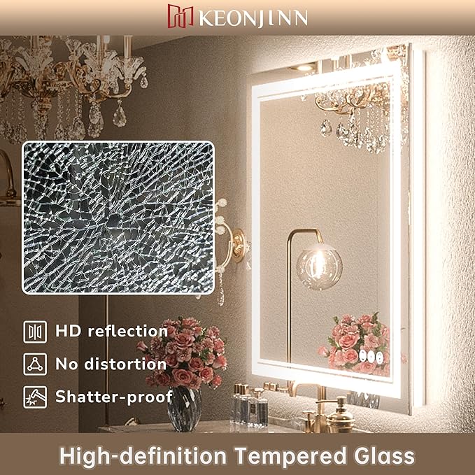 Keonjinn LED Bathroom Mirror 48 x 36 in with Backlit and Front Lights, Stepless 3 Colors Temperature & Dimmable Wall Mirror, UL Listed LED Driver, Tempered Glass Double Lighted Bathroom Vanity Mirror