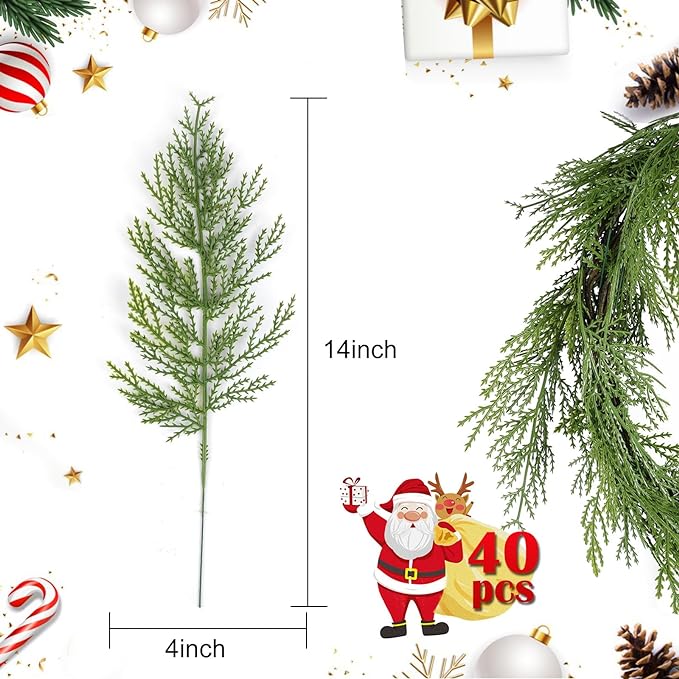 Hananona 40 Pcs Artificial Cedar Picks Faux Cedar Branches Fake Cypress Stems Plastic Pine Greenery Christmas Picks and Sprays DIY Accessories for Crafts Wreath Holiday Home Decor (40, Green)