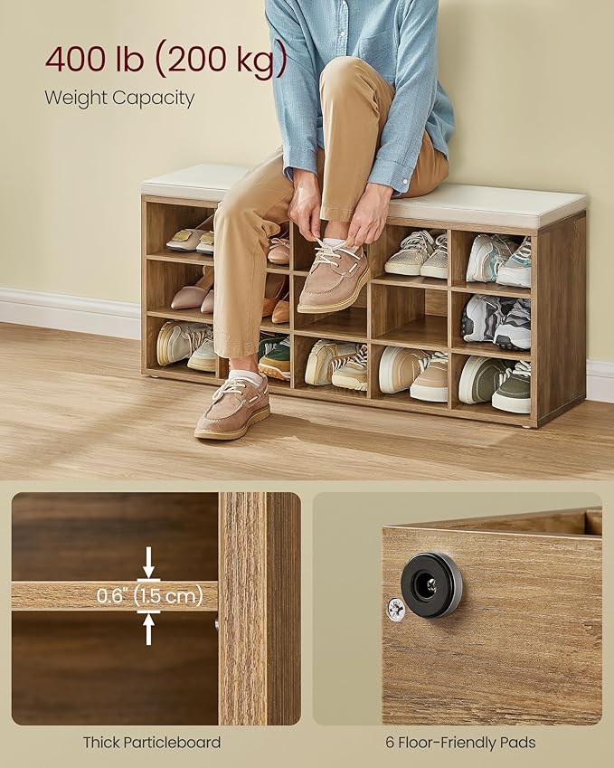 VASAGLE CUSTOS Collection - Shoe Bench, Storage Bench with Padded Seat, Entryway Bench with 15 Compartments, for Bedroom, 11.8 x 41.3 x 18.9 Inches, Honey Brown and Cappuccino Beige ULHS015K02
