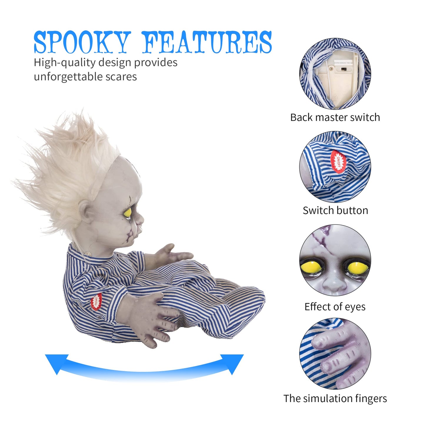 EVAPLUS 11inch Halloween Haunted House Crying Baby Terror Decoration Toy, Animatronic Roaming Creepy Doll Halloween Decoration,Haunted Sound Activated Holiday Prop with Battery Operated Control