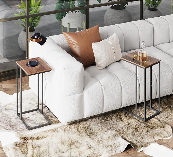 WLIVE Brown Side Table Set of 2, C Shaped End Table Sets, Small Sofa Side Tables Bedroom, Living Room, Home Office, 2-Tier Couch Bedside Table for Small Spaces