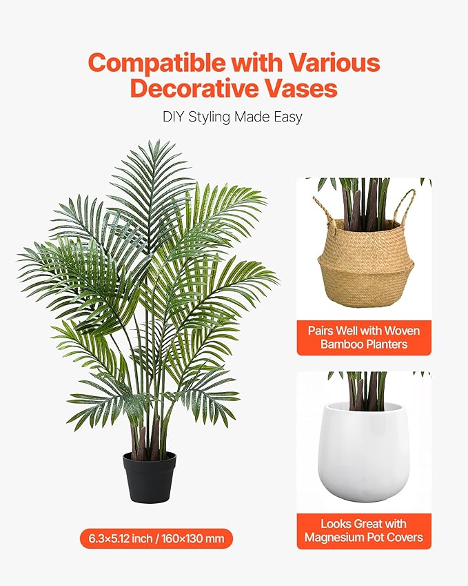 VEVOR Artificial Areca Palms 4 ft, 2 Pack Fake Palm Tropical Plants with White Tall Planter, Faux Floor Silk Plant in Pot, Large Tree for Home Office Living Room Decor House Warming, Indoor Outdoor