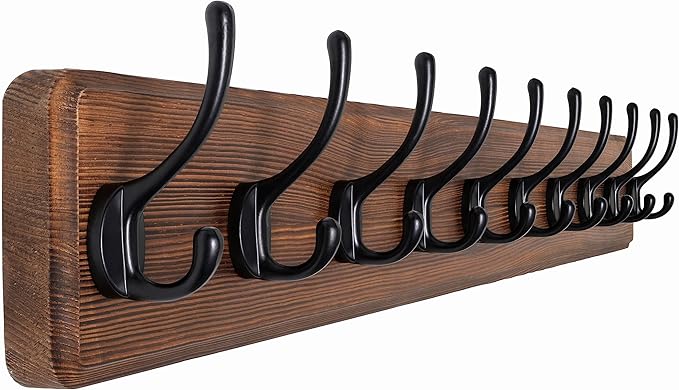 SKOLOO Farmhouse Style Wall Mounted Coat Rack, 38.6'' Pine Solid Wood Coat Hook Hanger - 10 Hooks for Hanging Clothes Robes Towels Coats