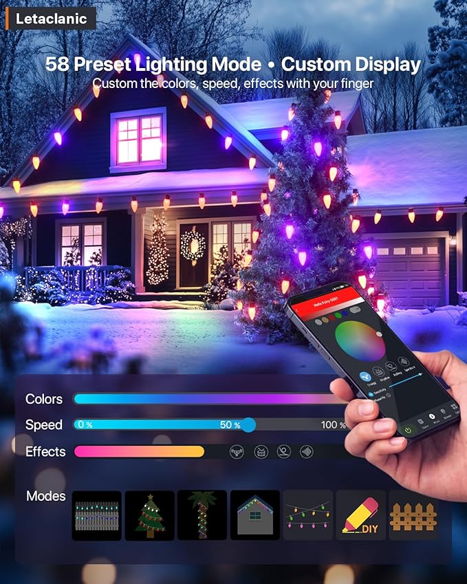 Smart C9 Christmas Lights Outdoor, 115FT 150 LEDs, APP Remote Controlled RGB String Lights with 80+ Modes Color Changing DIY Chasing Xmas Waterproof String Light for Patio Xmas Decor