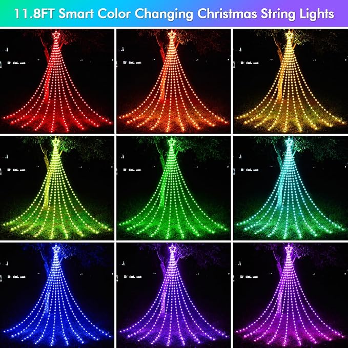 12FT Outdoor Christmas Decorations, Smart RGB Color Changing Christmas Hanging Waterfall String Lights, APP Remote Control, DIY Multi-Color Lightshow, Music Sync, Outside Xmas Lights Decor