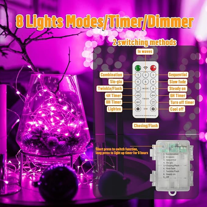 LAMPHOME 100 LED Pink Valentine Lights, Valentine's Day Fairy Lights Battery Operated, Silver Wire Twinkle String Light Multi Functions & Timer with Remote for Indoor Bedroom Wedding Decorations