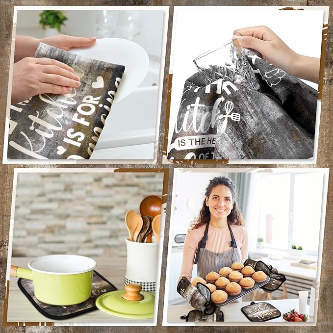 Fourluoo 10 Pcs Farmhouse Kitchen Decor and Accessories Set 4 Kitchen Towels 2 Pot Holders 2 Oven Mitts 2 Rugs for Cooking Baking Mom Housewarming Gifts(Brown Gray,Classic Style)