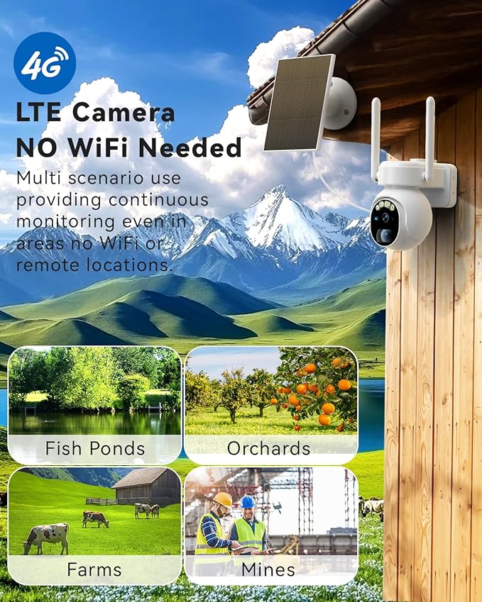 Securit Camer Wireless Solar Powered Outdoor for Home and Farm, ABS Fireproof Waterproof Material, 360° View, 2K HD Color Night Vision,Human Auto Tracking, 2-Way Audi (Wite) (Solar-4G)