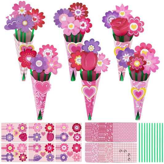 Nlicrst 24 Pcs Valentine Flower Craft Valentine's Day Paper Crafts Make Your Own Flower Bouquets for Valentine's Day Home Fun DIY, Perfect Handmade Valentine Gift (6 Styles)