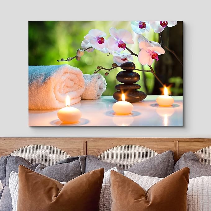 wall26 Canvas Print Wall Art Massage Stones, Candles & Orchid Flowers Floral Botanical Photography Realism Tropical Zen Colorful Ultra for Living Room, Bedroom, Office - 24"x36"